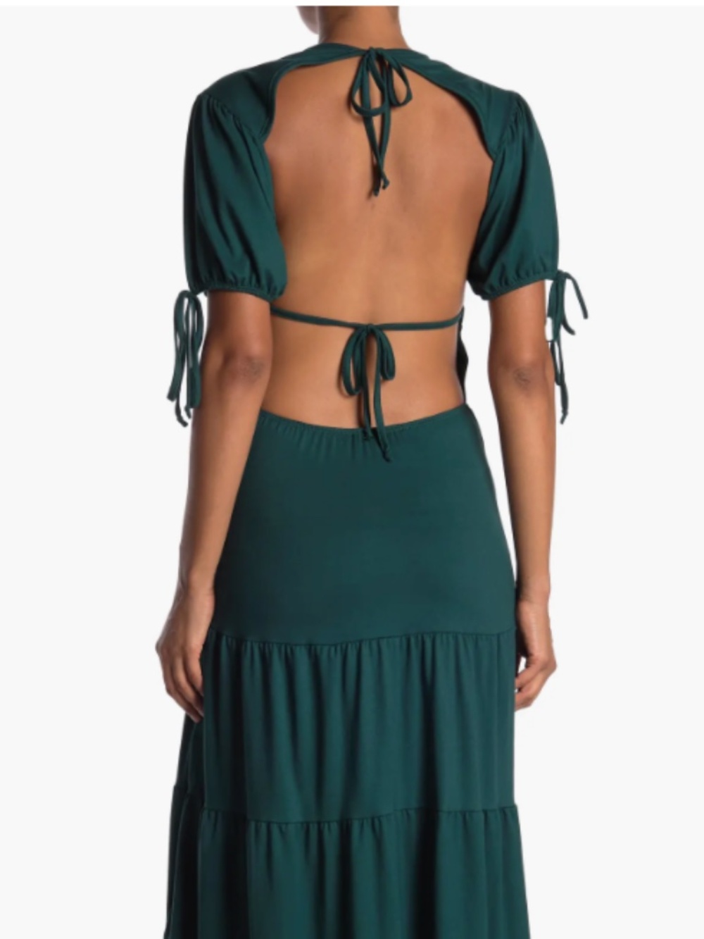 NWT Long Open Back Stretch Tiered Velvet Torch Dress Dark Green S